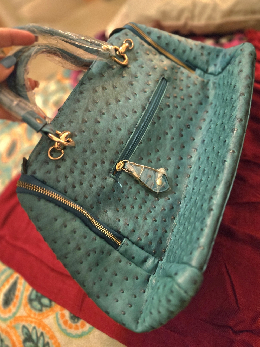 Michael Kors Turquoise Ostrich-Texture Satchel with Gold Hardware - Picture 2 of 4